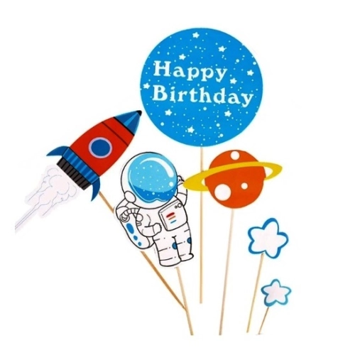 Topper piker ozdoby na tort napis Happy Birthday kosmos planeta rakieta dekoracje urodzinowe zestaw 6 sztuk